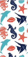 A colorful marine-themed pattern featuring dolphins, jellyfish, seahorses, starfish, and shells.