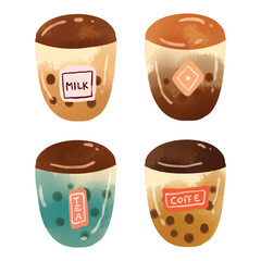 Watercolor Bubble Tea Element Boba Tea with a Straw Vector Collection