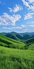 A beautiful mountain landscape with a clear blue sky. The mountains are lush and green, and the grass is tall and vibrant. The scene is peaceful and serene