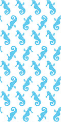 A repeating pattern of stylized blue seahorses on a white background, ideal for textiles or decorative designs.