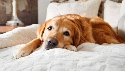 Relaxed golden retriever laying on white blanket, cozy home setting, promotes pet comfort