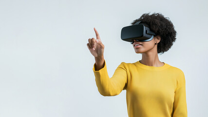 black woman with curly hair wearing virtual reality headset with pointing finger interaction