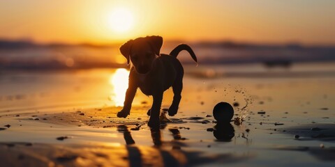 Puppy playing at sunset on the beach