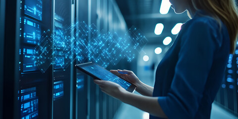 Fototapeta premium Technician Monitoring Cloud Computing Data on Server