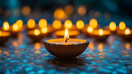 Diwali festival scene with oil lamps lining the streets and fireworks lighting up the sky