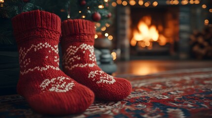 Christmas stockings hanging by a fireplace with twinkling lights and garlands