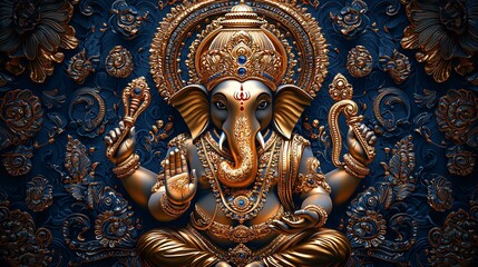 Fototapeta premium A stunning golden Ganesh icon on a deep navy blue background, ideal for Diwali celebrations, invites spiritual reflection and beautiful design for invites or decor.