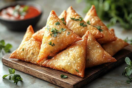 Crispy golden samosas perfect for Diwali celebrations, showcasing traditional Indian cuisine. Ideal for festive menus or event promotions during the festival of lights.