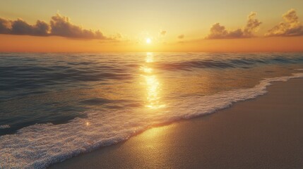 Obraz premium Golden sunset over a serene beach, crystal-clear water