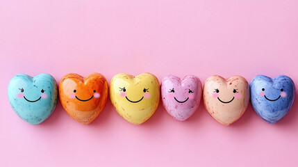 Six cheerful heart-shaped decorations in various pastel colors sit neatly aligned on a soft pink backdrop, perfect for celebrations