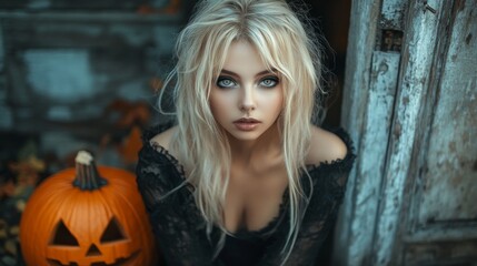 Fototapeta premium Dark Gothic Halloween Aesthetic with Pumpkins and Mysterious Girl