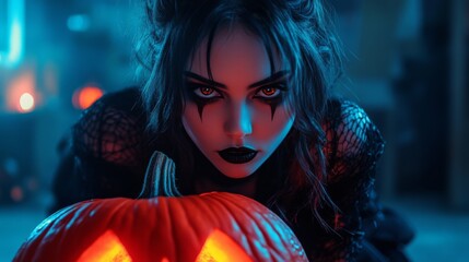 Dark Gothic Halloween Aesthetic with Pumpkins and Mysterious Girl