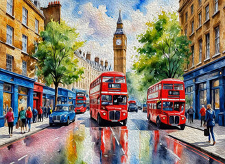 Obraz premium Oil painting. City landscape. Pattern for printing on wall decorations, fabrics, and for use in graphics.