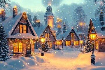 Picturesque Christmas village in vintage style snow-covered roofs and glowing lanterns