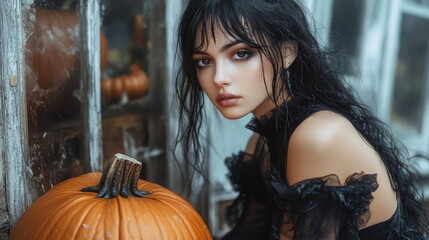 Fototapeta premium Dark Gothic Halloween Aesthetic with Pumpkins and Mysterious Girl