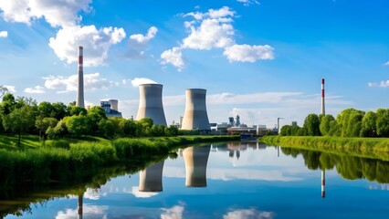 Obraz premium Industrial landscape with cooling towers reflected in river, environmental impact concept