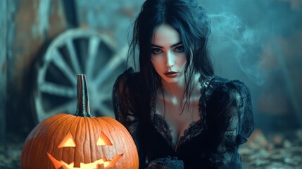 Fototapeta premium Dark Gothic Halloween Aesthetic with Pumpkins and Mysterious Girl