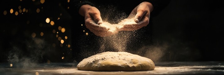 Person Sprinkling Flour on Dough