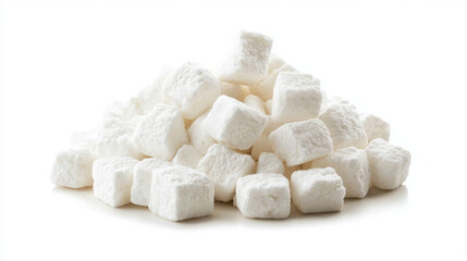 A pile of fluffy, yummy marshmallows against a white backdrop.