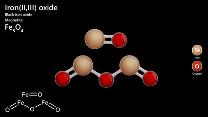 Model of Iron(II,III) oxide (Fe3O4). It occurs in nature as the mineral magnetite. It is used as a catalyst in chemical reactions. Black background. 3d illustration
