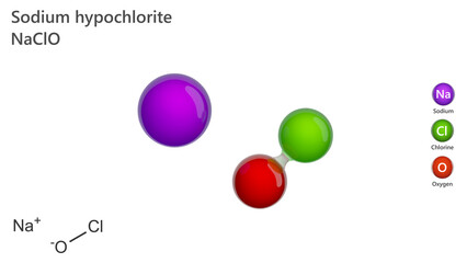 Model of Sodium hypochlorite NaClO. Sodium hypochlorite, an inorganic sodium salt.It is used as a bleaching and disinfecting agent in household products. White background. 3d illustration