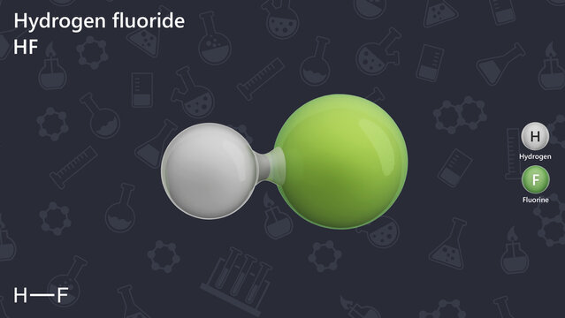 Model of hydrogen fluoride (HF) is a poisonous, colorless gas or liquid that dissolves in water to form hydrofluoric acid, which is used as a principal source of fluorine. 3d illustration. Black back
