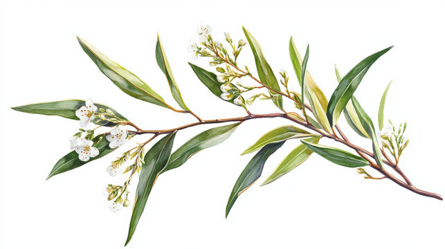 watercolor branch with green leaves and white flowers