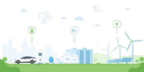 Hydrogen fuel cell cars charge at a station powered by wind turbines and solar panels. Hydrogen tanks store clean energy, reducing emissions. Perfect for sustainable transportation. city background