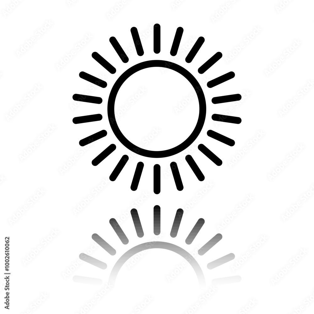 Poster sun simple icon, vector. flat design. black icon with mirror reflection. white background