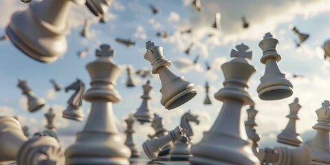 Chess Pieces Flying in the Sky