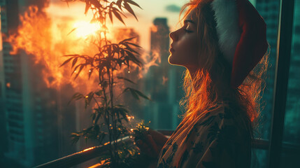 A woman wearing a Santa hat stands on a balcony, thoughtfully observing the colorful sunset over the city, surrounded by greenery and soft light