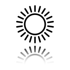 Sun simple icon, vector. Flat design. Black icon with mirror reflection. White background