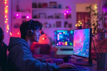 Naklejka premium Gamer in Neon-lit Living Room: Engaging in Esports Amid Home Quarantine