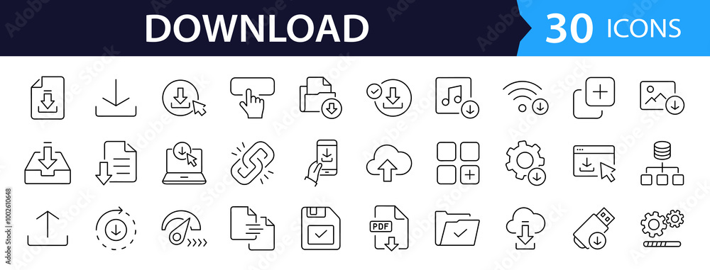 Aufkleber Download set of web icons in line style. Upload and Download linear icon collection. Containing arrow, link, folder, download file, cloud storage, web button. Editable stroke
