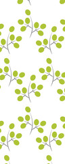 A seamless pattern featuring green leaves on thin branches against a white background, ideal for design and decor.