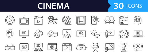 Cinema set of web icons in line style. Movie and Film linear icon collection. Containing video, movie theater, 3d, vr, popcorn, ticket, director, soundtrack and more. Editable stroke