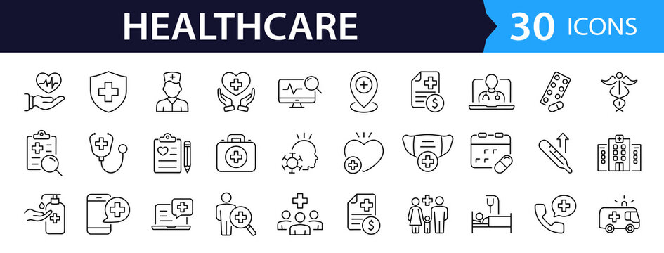 Healthcare set of web icons in line style. Medicine and Health Care linear icon collection. Containing emergency, doctor, treatment, medical, report, diagnosis, health, prevention. Editable stroke