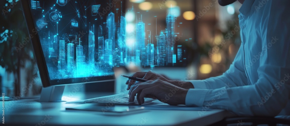 Poster modern cityscape visualization on a computer screen