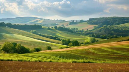 Obraz premium Countryside View: Rolling hills and fields in a European countryside