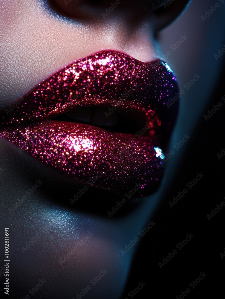 Poster close-up view of glossy, shimmering lips showcasing a vibrant, glittery finish under soft lighting i