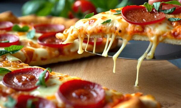 A vegan pizza with plant-based pepperoni and cheese is being sliced, with the vegan cheese stretching beautifully as a slice is lifted. Generated with AI