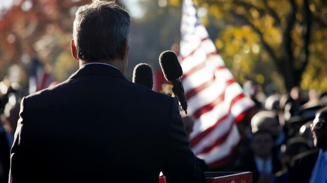 A politician speaking to crowd at election campaign rally