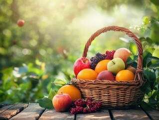 A vibrant basket overflowing with freshly picked organic fruits such as apples, oranges, and berries, placed on a rustic wooden table surrounded by lush greenery