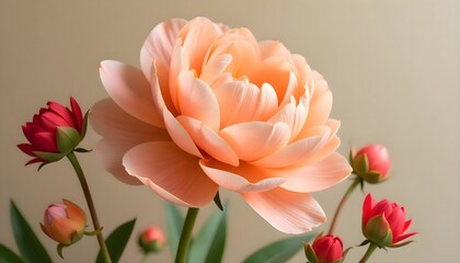 Fototapeta premium Radiant Peach Peony with Red Accents Against a Soft Background