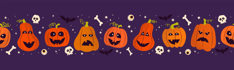 Seamless border in horizontal direction with pumpkins, skulls, bones and bat with textured effect for Happy Halloween. Dark purple background.