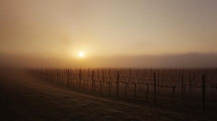 Obraz premium Misty Morning Vineyard Sunrise