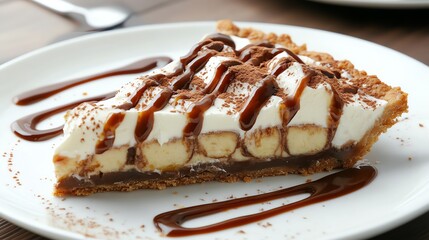 A delicious slice of banana cream pie topped with chocolate drizzle and whipped cream on a white plate.