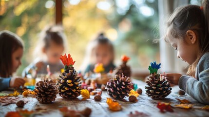 Children crafting pinecone turkeys with colorful feathers, thanksgiving decoration 