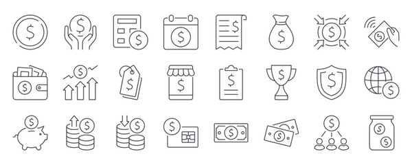 Vector icons money. US currency dollar, bills and coins. Bank account invoice, online credit card payments, deposit and cash advances. Rate decrease and increase, wallet, prize. Editable stroke line.