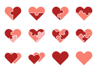 Vector icons puzzle heart. Symbols of love and friendship, two halves. Valentine's day, zigzag puzzles and 2 hearts together. Falling in love and cooperation, parts of whole. Editable stroke red set.